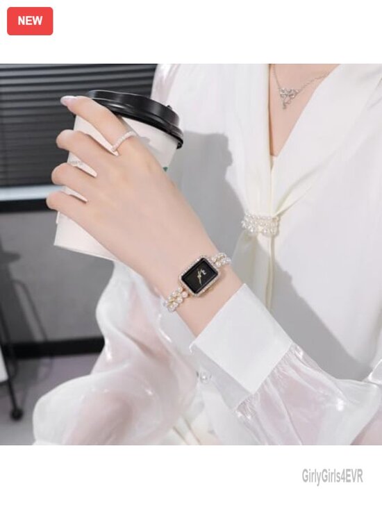Luxury Pearl Bracelet Quartz Watch with Rhinestone Bezel Rectangular Dial